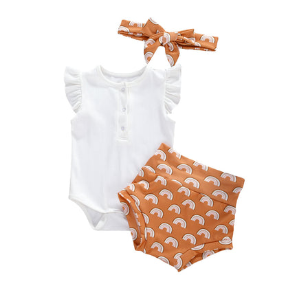 Baby Girl Dark Button White Top  Printed Shorts Suit - Three-piece Set