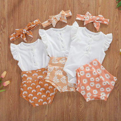 Baby Girl Dark Button White Top  Printed Shorts Suit - Three-piece Set