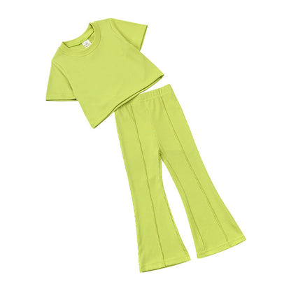 Girls' Short-sleeved Shirt Bell-bottom Pants -Two-piece Set