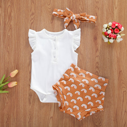 Baby Girl Dark Button White Top  Printed Shorts Suit - Three-piece Set
