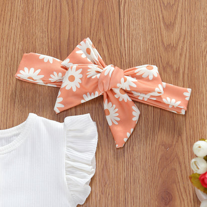 Baby Girl Dark Button White Top  Printed Shorts Suit - Three-piece Set