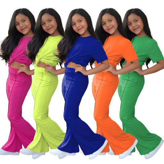 Girls' Short-sleeved Shirt Bell-bottom Pants -Two-piece Set