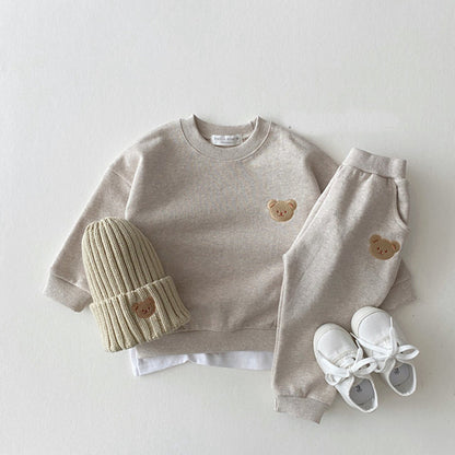 Children's Cotton Bear Round Neck Sweater - Cartoon Two Piece Set