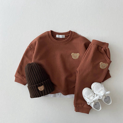 Children's Cotton Bear Round Neck Sweater - Cartoon Two Piece Set