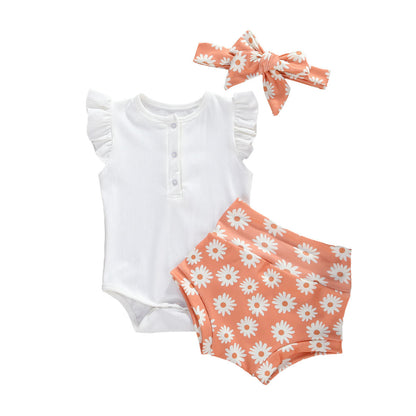 Baby Girl Dark Button White Top  Printed Shorts Suit - Three-piece Set