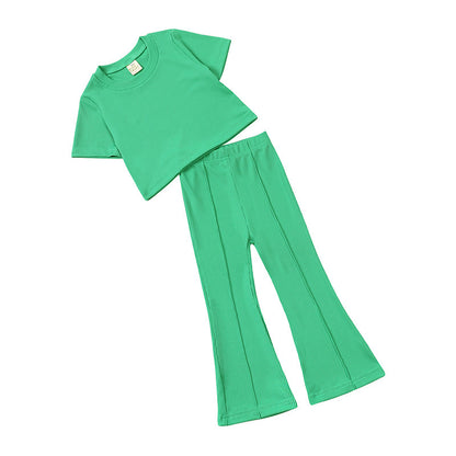 Girls' Short-sleeved Shirt Bell-bottom Pants -Two-piece Set