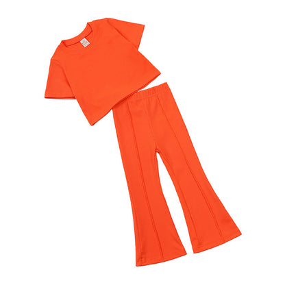 Girls' Short-sleeved Shirt Bell-bottom Pants -Two-piece Set
